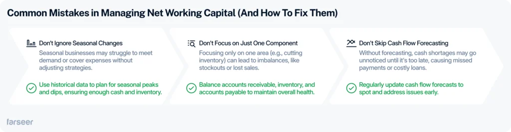 Common Mistakes in Managing Net Working Capital (And How to Fix Them): Don’t ignore seasonal changes, don’t focus on just one component, and don’t skip cash flow forecasting—use historical data, balance accounts, and regularly update forecasts